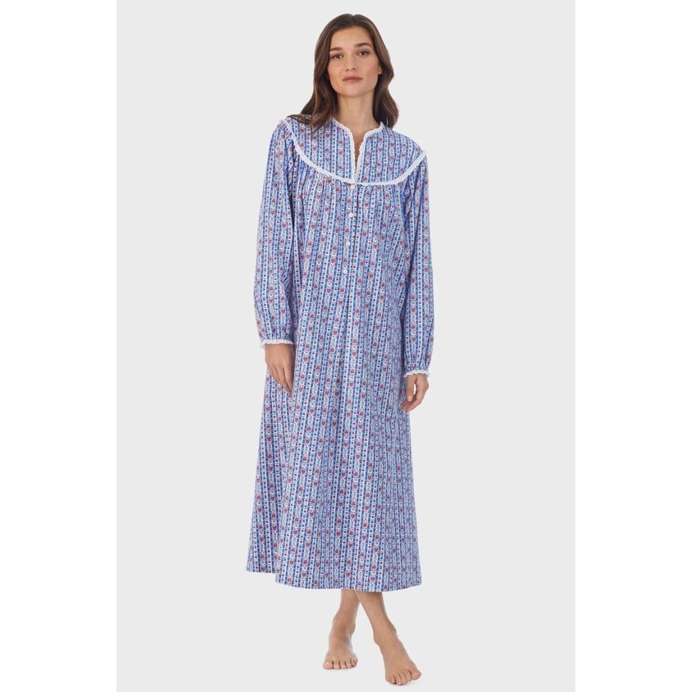 Lanz of Salzburg Tyrolean  Nightgown Cotton Floral Stripe Lace Yoke‎ Medium
